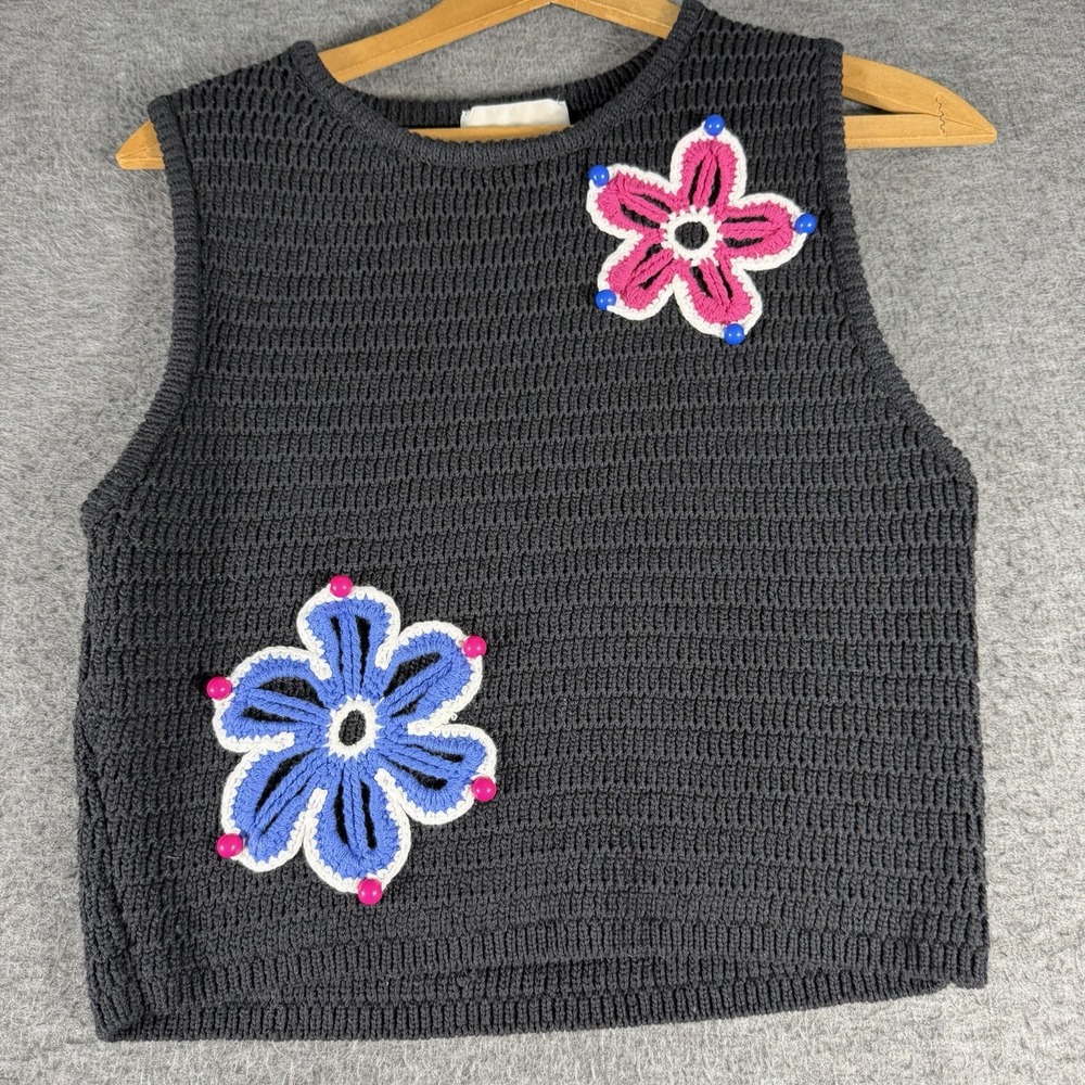 Industry Republic Women's Black Sleeveless Pullover Sweater 3D Crochet Flower L